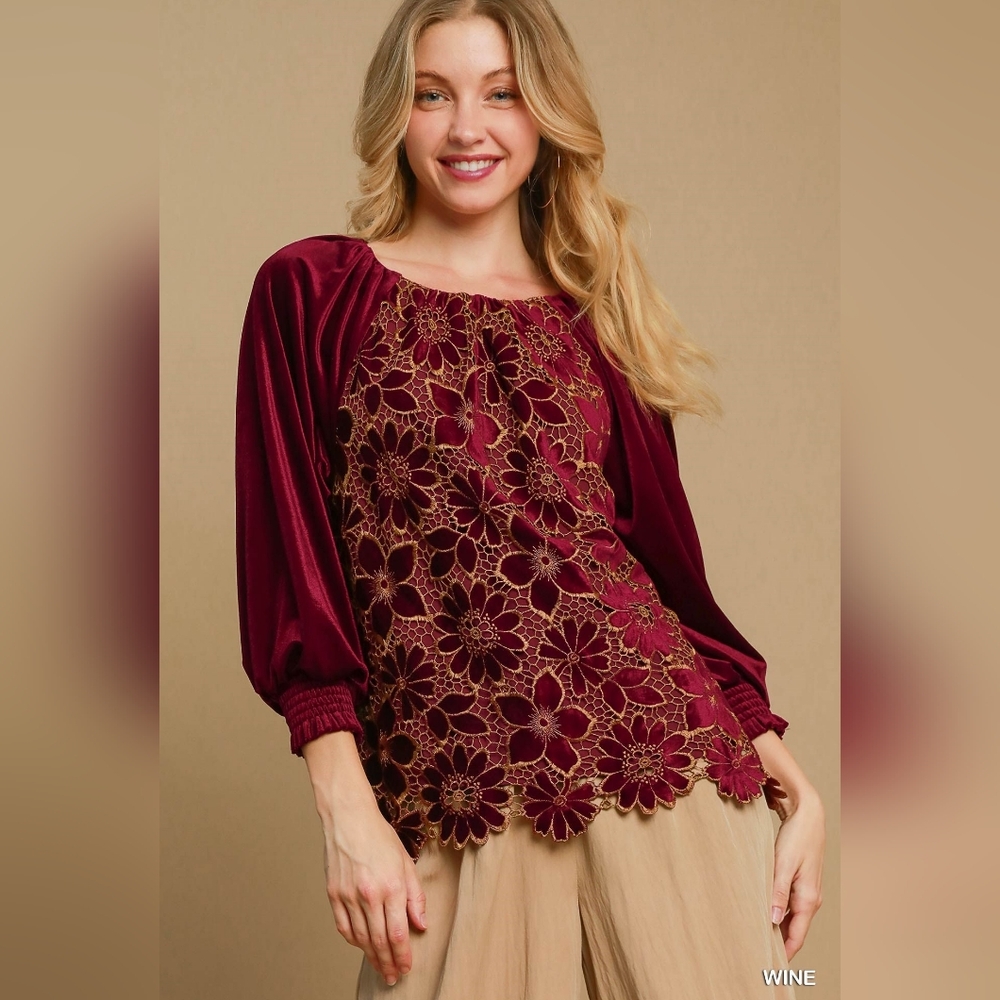 Elegant Wine Floral Lace Women's Top